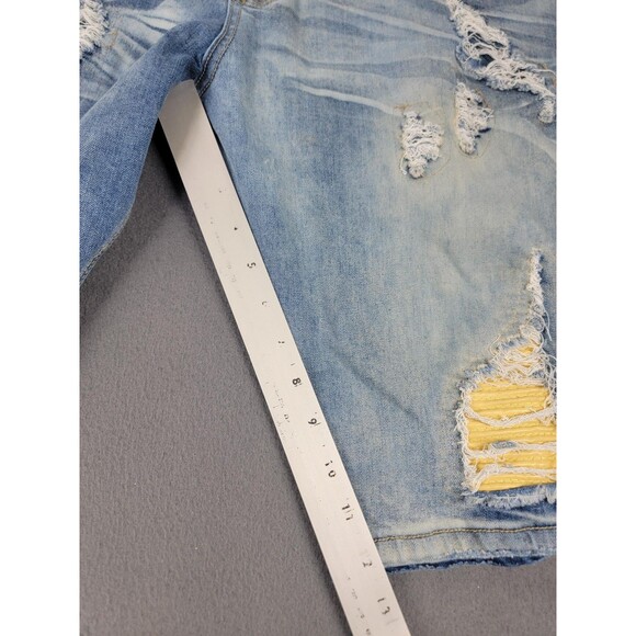 Frost Origin Shorts Mens 38 Blue Distressed Ripped Denim Yellow Patch Streetwear - Picture 2 of 15